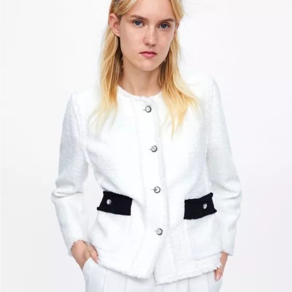 ZARA BLAZER TWEED WHITE BLACK GEM BUTTONS COLLAR DETACHABLE - Picture 4 of 9